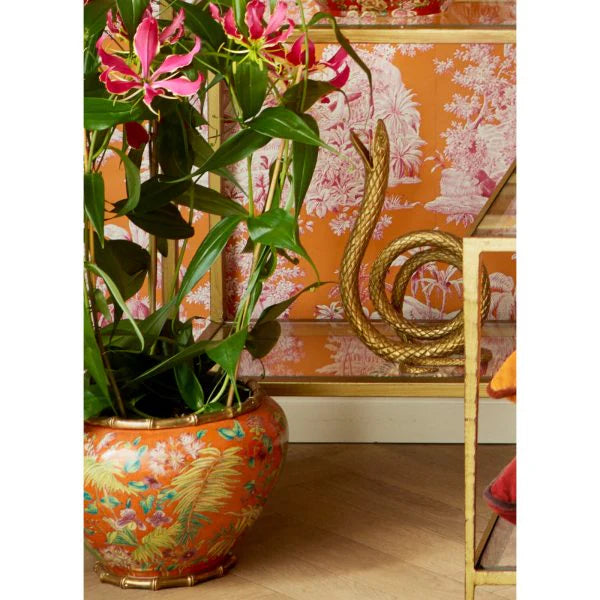 Coral Red Round Planter with Palm