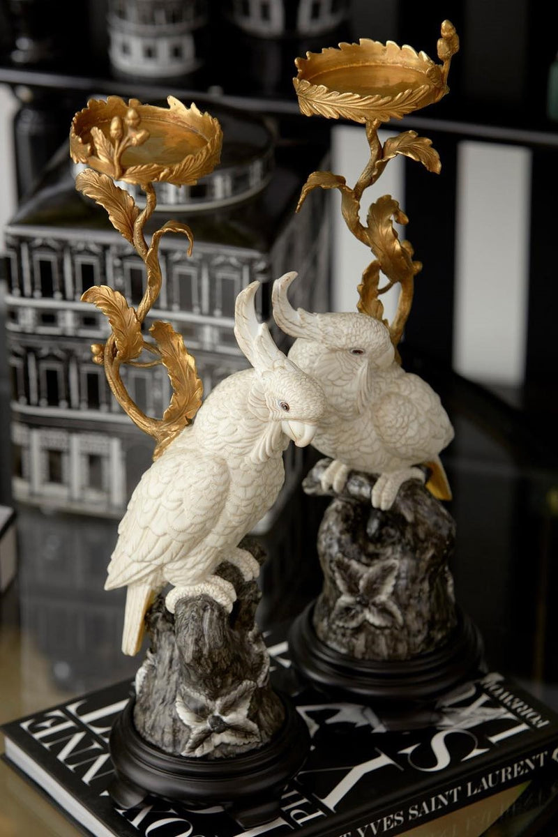 Set of 2 White Cockatoo Candle Holder