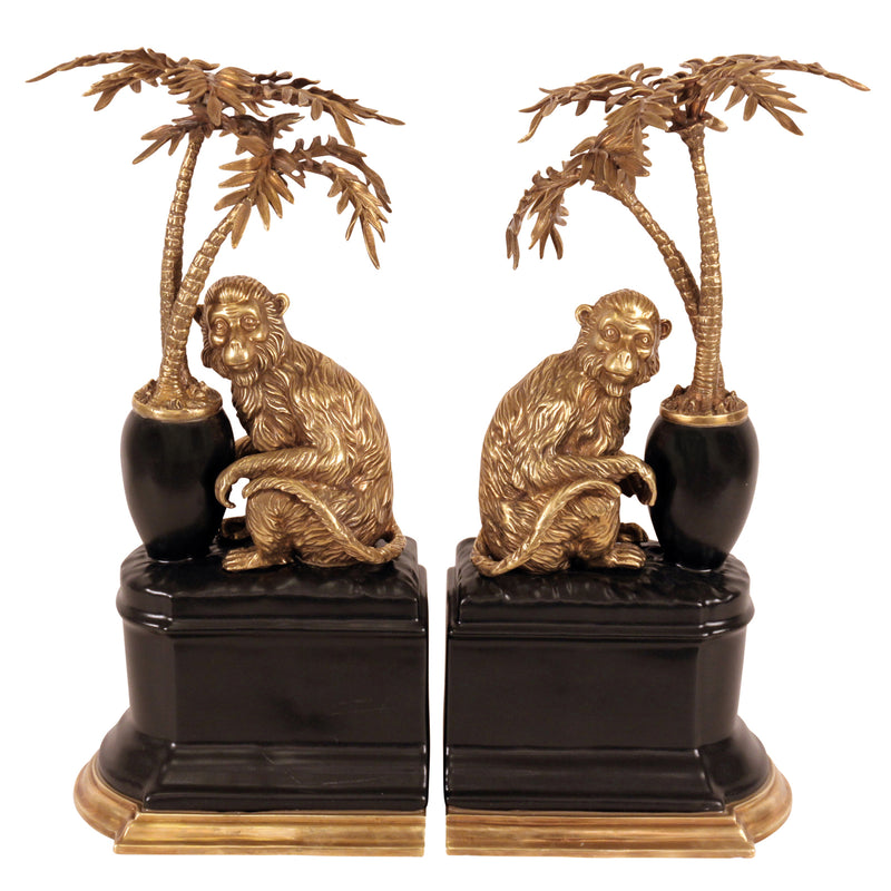 Bronze Monkey Bookends with Palm Tree S/2