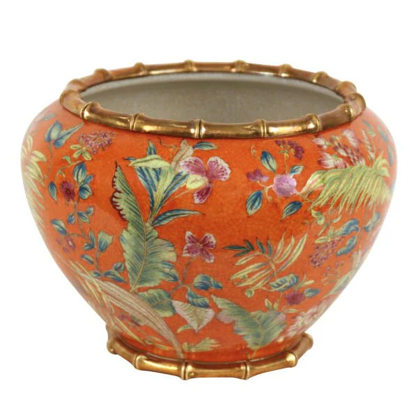 Coral Red Round Planter with Palm