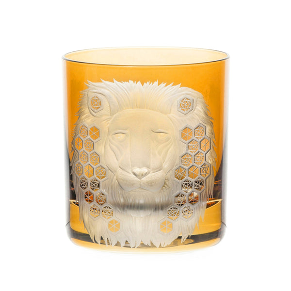 African Safari Amber Barware Set of 3: Double Old Fashioned Lion S/2 & Decanter