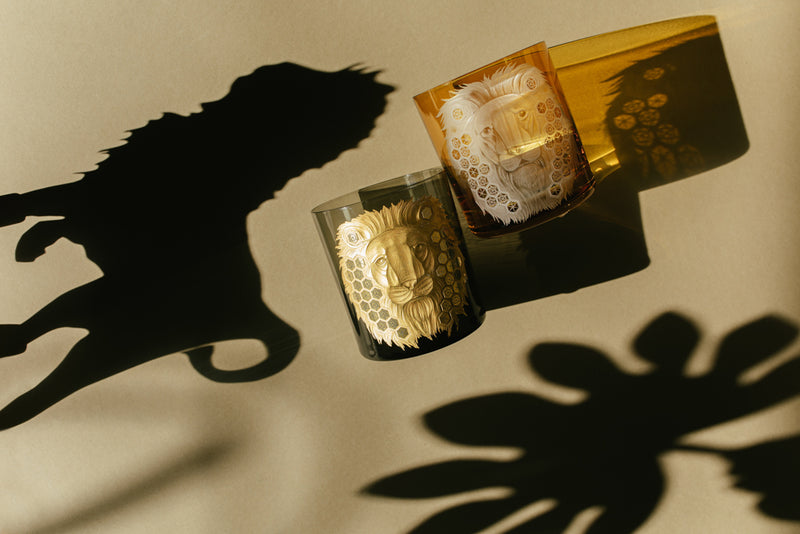 African Safari Amber Barware Set of 3: Double Old Fashioned Lion S/2 & Decanter