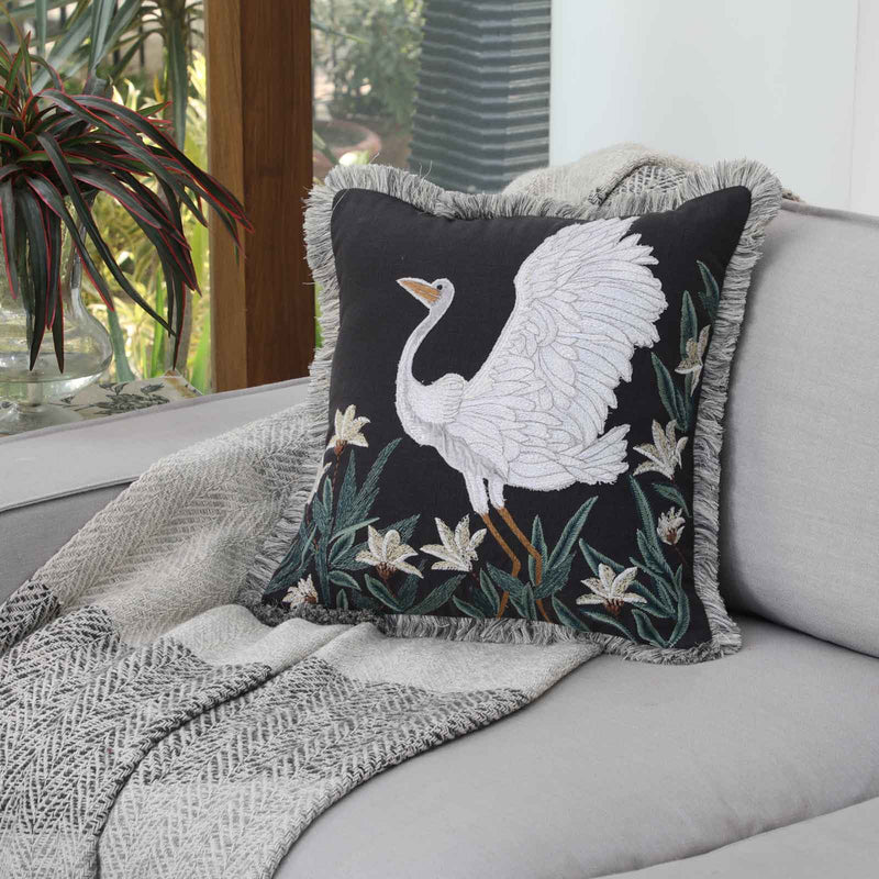 Swan Feathers Cotton Dark Charcoal Cushion Cover