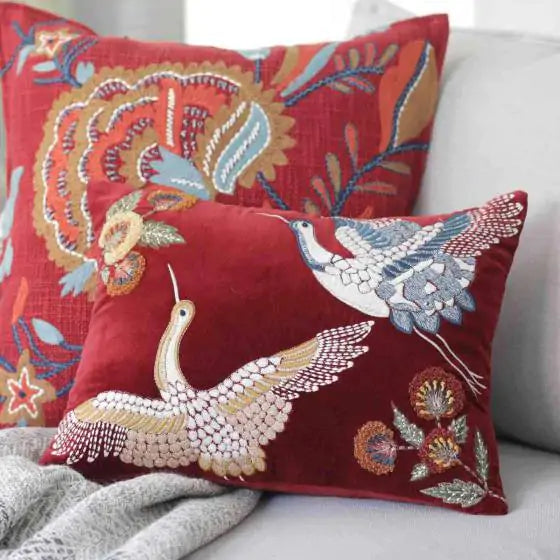 Crane Flight Maroon Velvet Cushion Cover