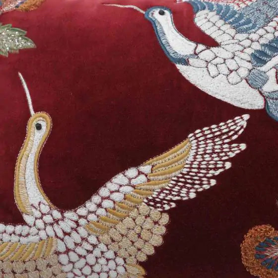 Crane Flight Maroon Velvet Cushion Cover