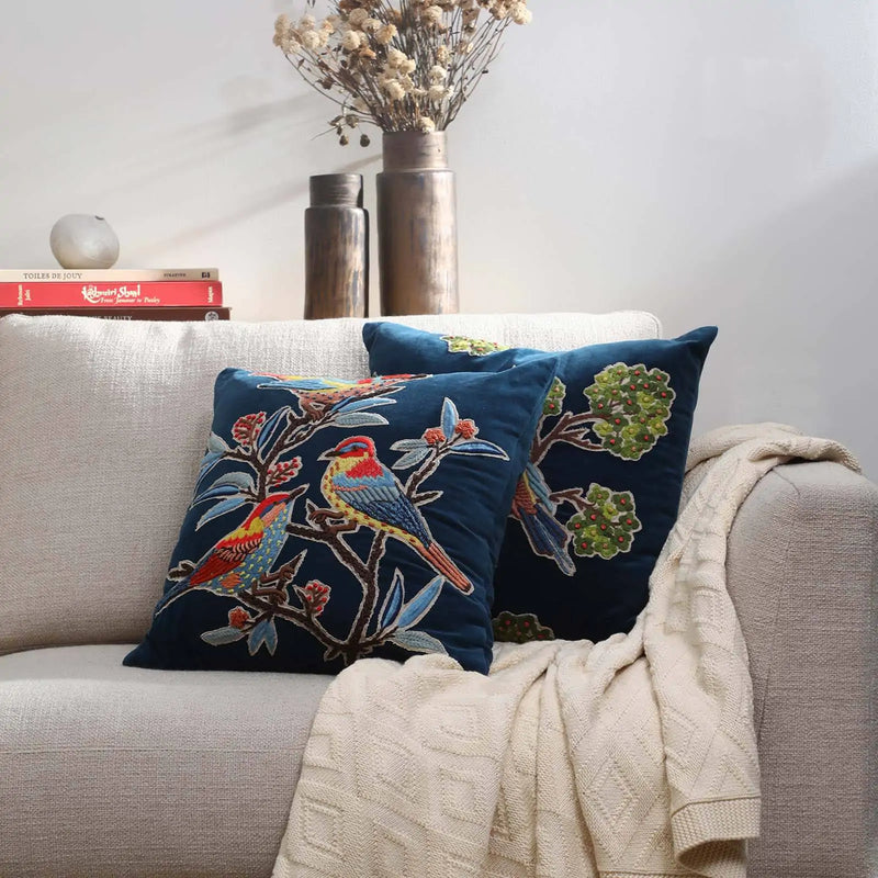 Velvet Bird Branch Cotton Teal Cushion Cover