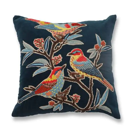 Velvet Bird Branch Cotton Teal Cushion Cover