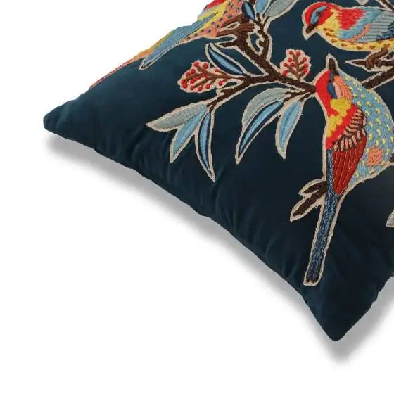 Velvet Bird Branch Cotton Teal Cushion Cover